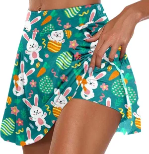 Easter Tennis Skirt for Women High Waisted Flowy Athletic Running Shorts Bunny Rabbit Egg Graphic Yoga Skort