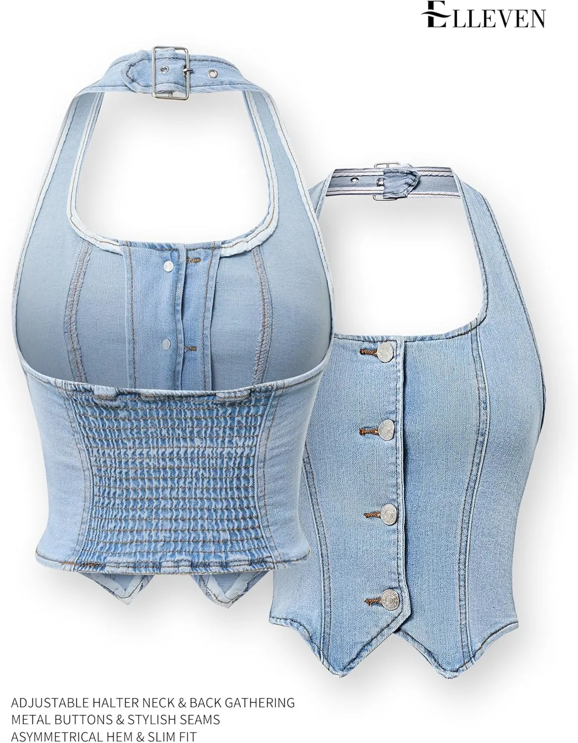 ELLEVEN Women's Denim Halter Top Jean Vest - Square Neck Button Front Slim Fit Crop Vest Western Summer Outfit