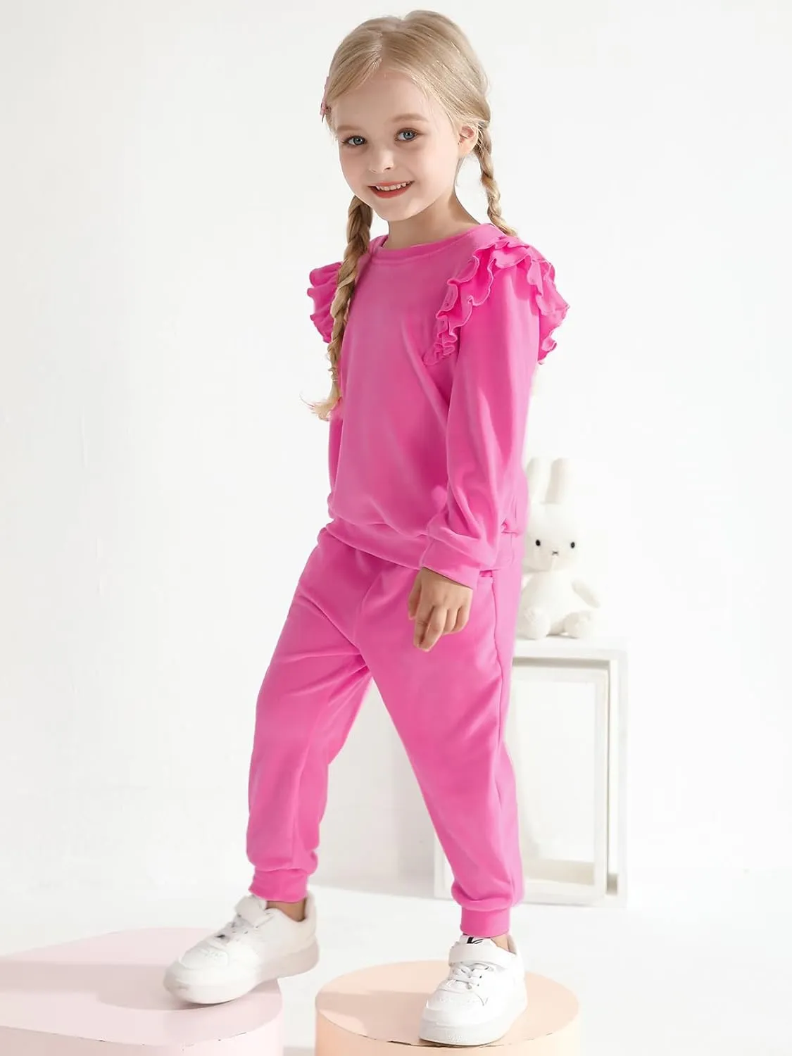 ESHOO Little Girls Outfits Clothes Kids Velour Sweatsuit Ruffle Long Sleeve Sweatshirt Pants Fall Clothing Set for 2-7Y