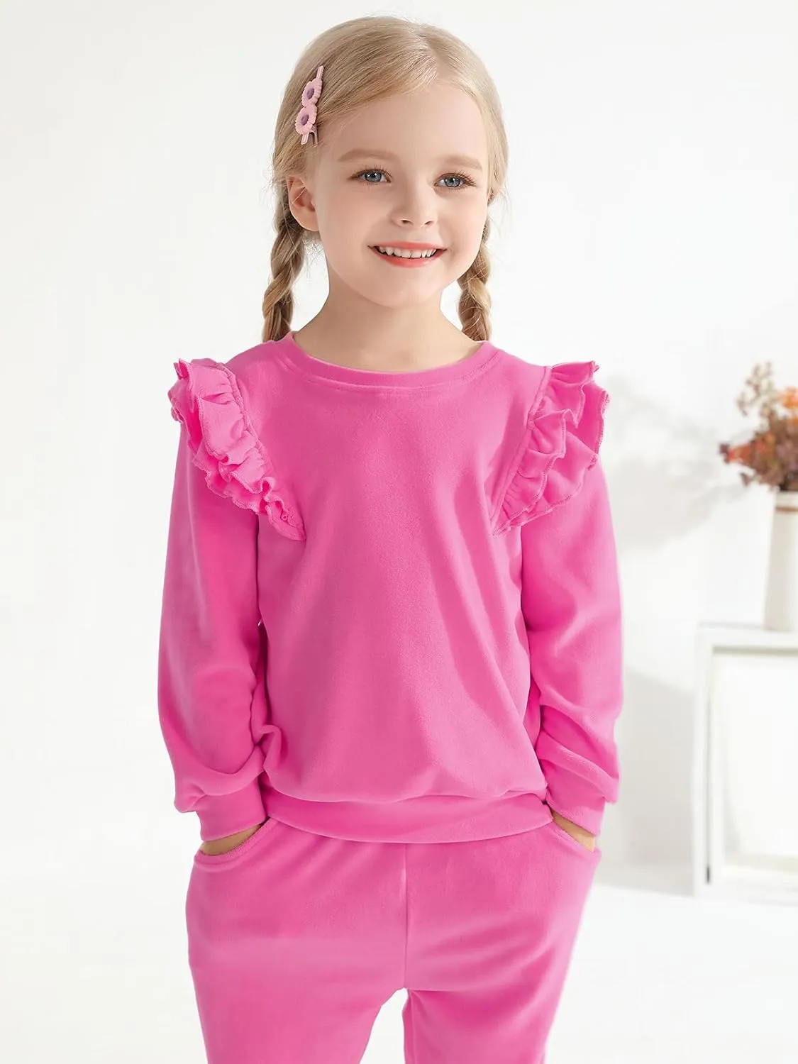 ESHOO Little Girls Outfits Clothes Kids Velour Sweatsuit Ruffle Long Sleeve Sweatshirt Pants Fall Clothing Set for 2-7Y
