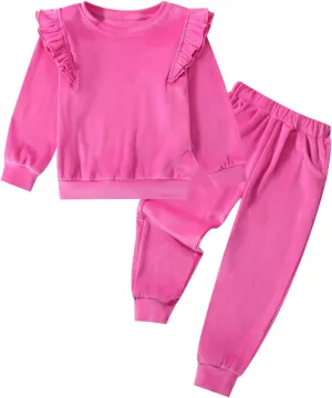 ESHOO Little Girls Outfits Clothes Kids Velour Sweatsuit Ruffle Long Sleeve Sweatshirt Pants Fall Clothing Set for 2-7Y