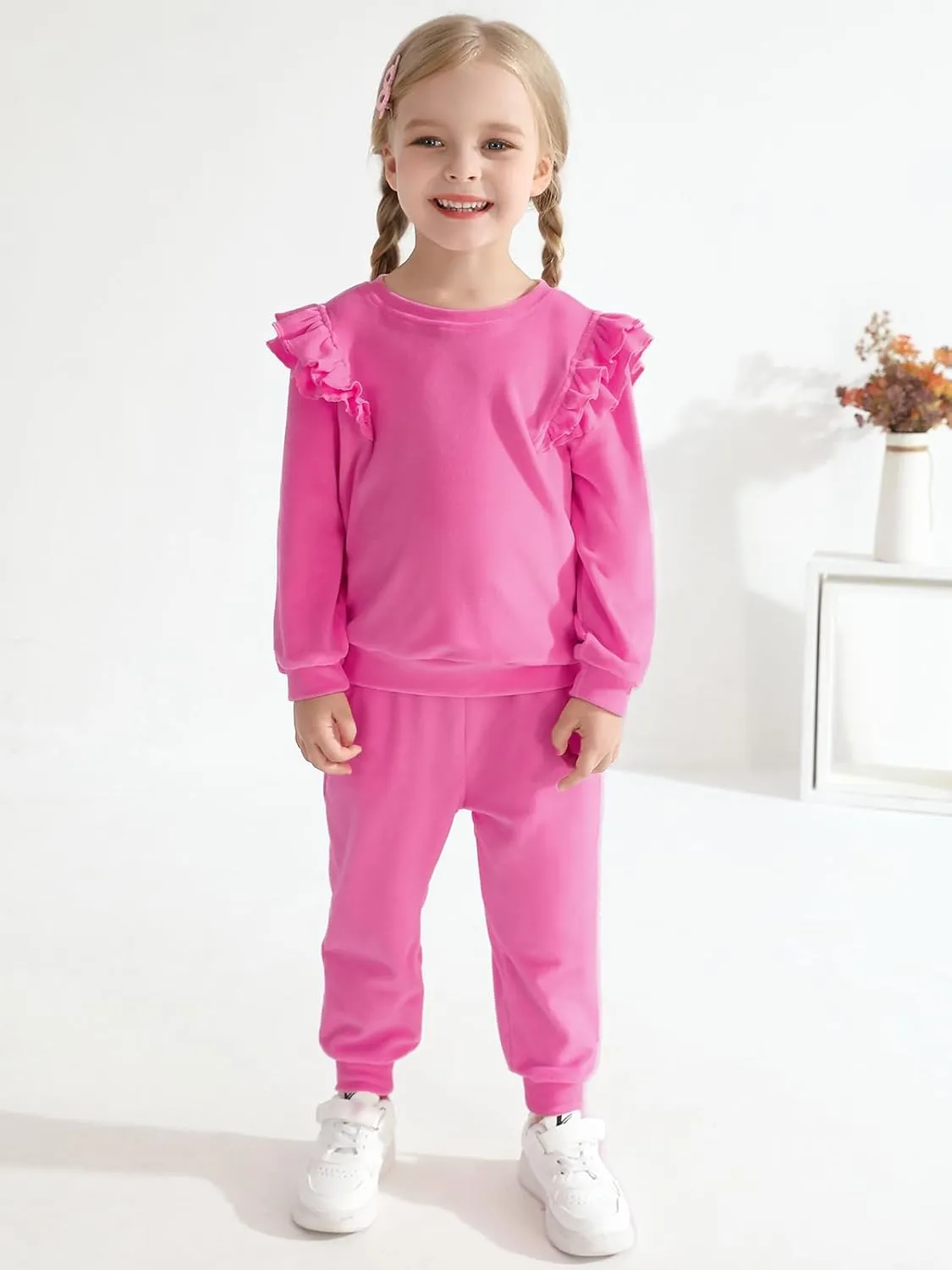 ESHOO Little Girls Outfits Clothes Kids Velour Sweatsuit Ruffle Long Sleeve Sweatshirt Pants Fall Clothing Set for 2-7Y