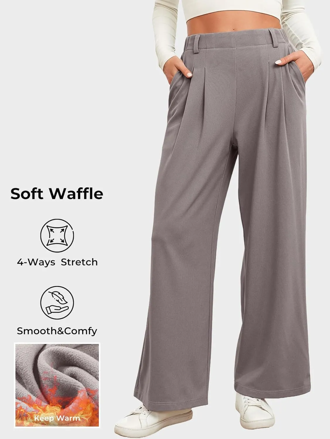EVALESS Wide Leg Pants for Women Elastic High Waisted Waffle Knit Fleece Palazzo Pants Trousers with Pockets