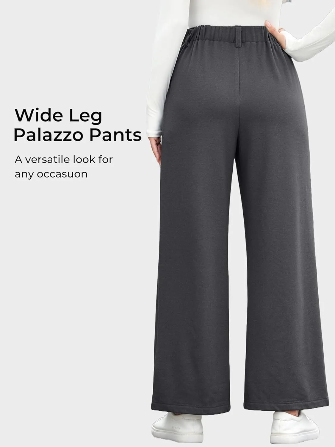 EVALESS Wide Leg Pants for Women Elastic High Waisted Waffle Knit Fleece Palazzo Pants Trousers with Pockets
