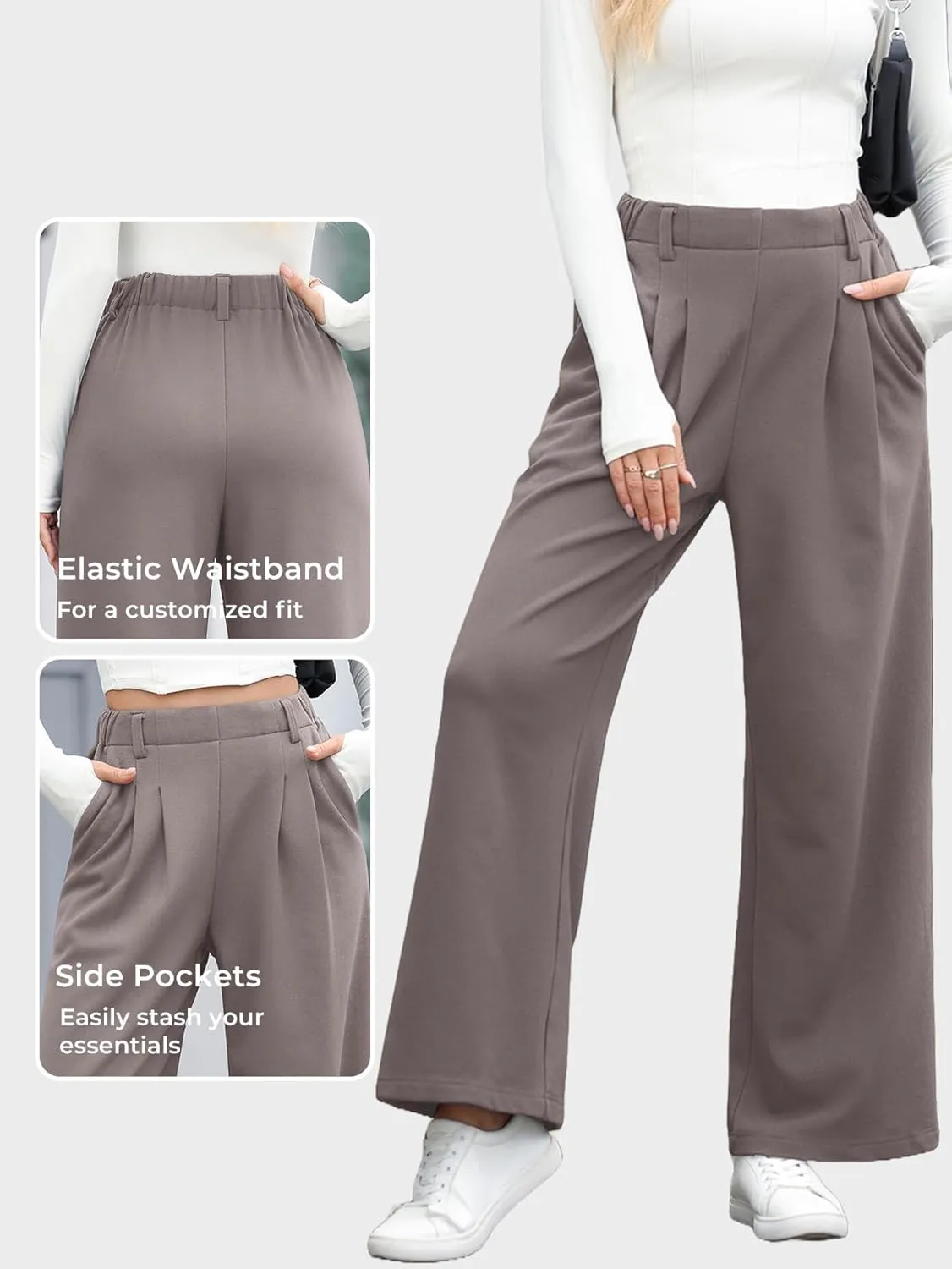 EVALESS Wide Leg Pants for Women Elastic High Waisted Waffle Knit Fleece Palazzo Pants Trousers with Pockets
