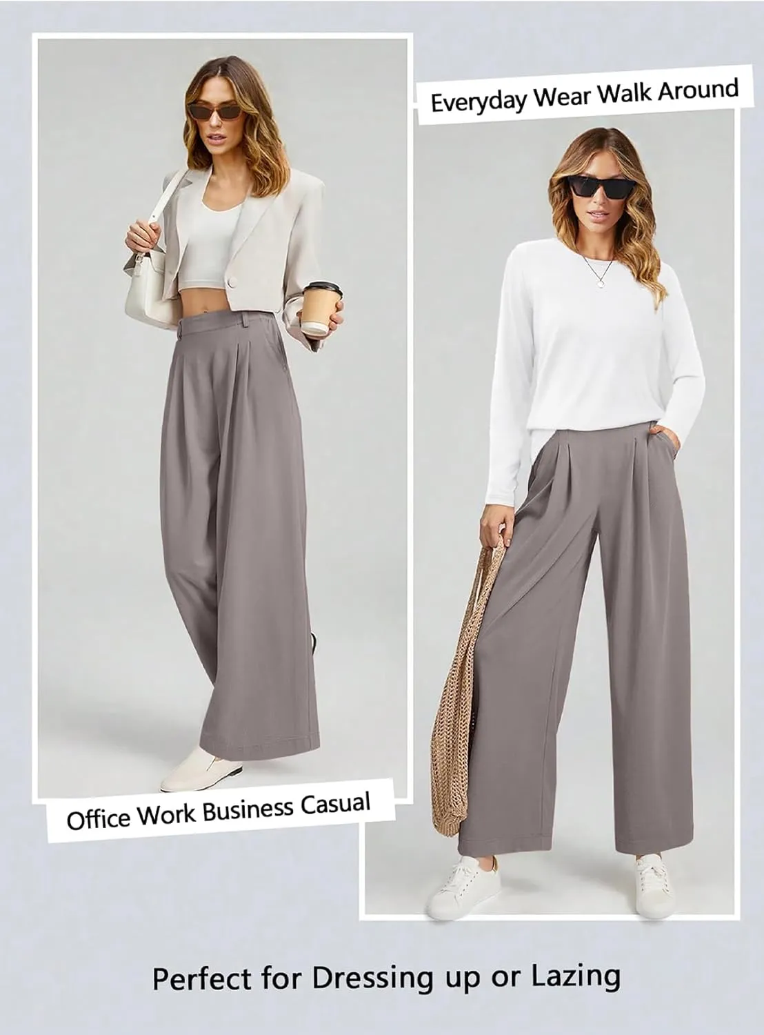 EVALESS Wide Leg Pants for Women Elastic High Waisted Waffle Knit Fleece Palazzo Pants Trousers with Pockets