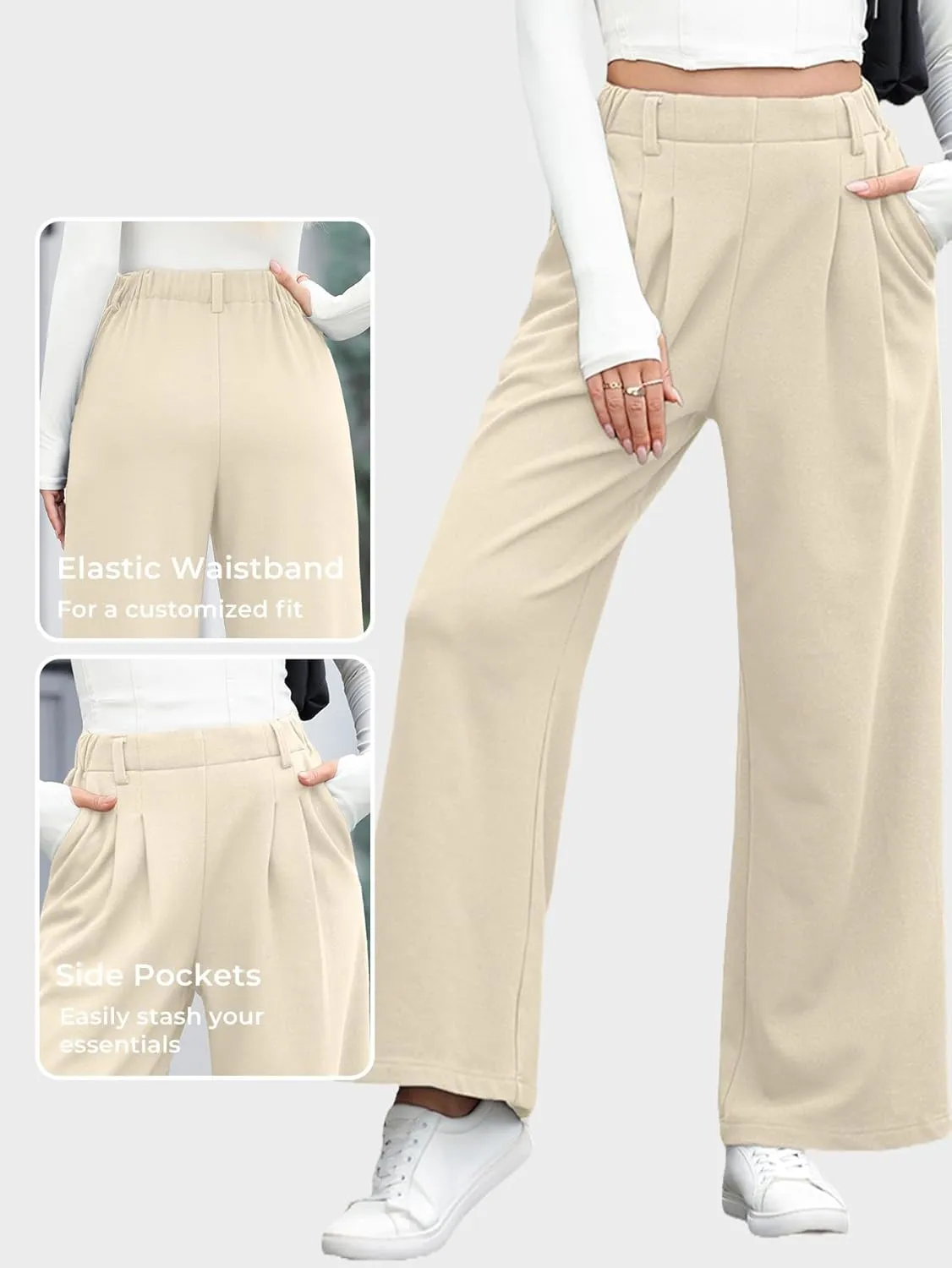 EVALESS Wide Leg Pants for Women Elastic High Waisted Waffle Knit Fleece Palazzo Pants Trousers with Pockets