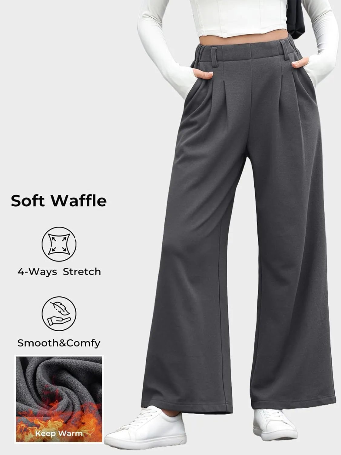 EVALESS Wide Leg Pants for Women Elastic High Waisted Waffle Knit Fleece Palazzo Pants Trousers with Pockets