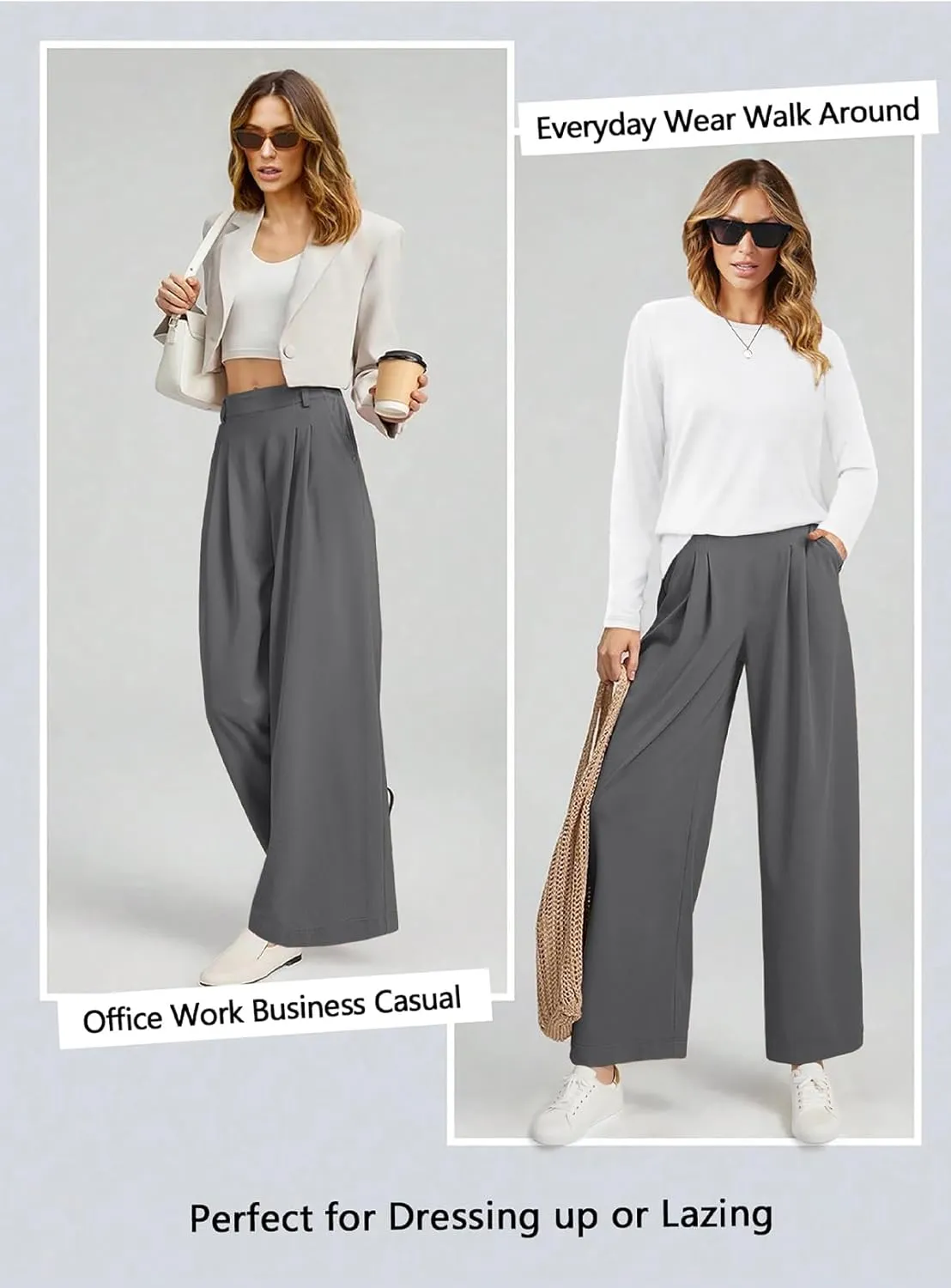 EVALESS Wide Leg Pants for Women Elastic High Waisted Waffle Knit Fleece Palazzo Pants Trousers with Pockets