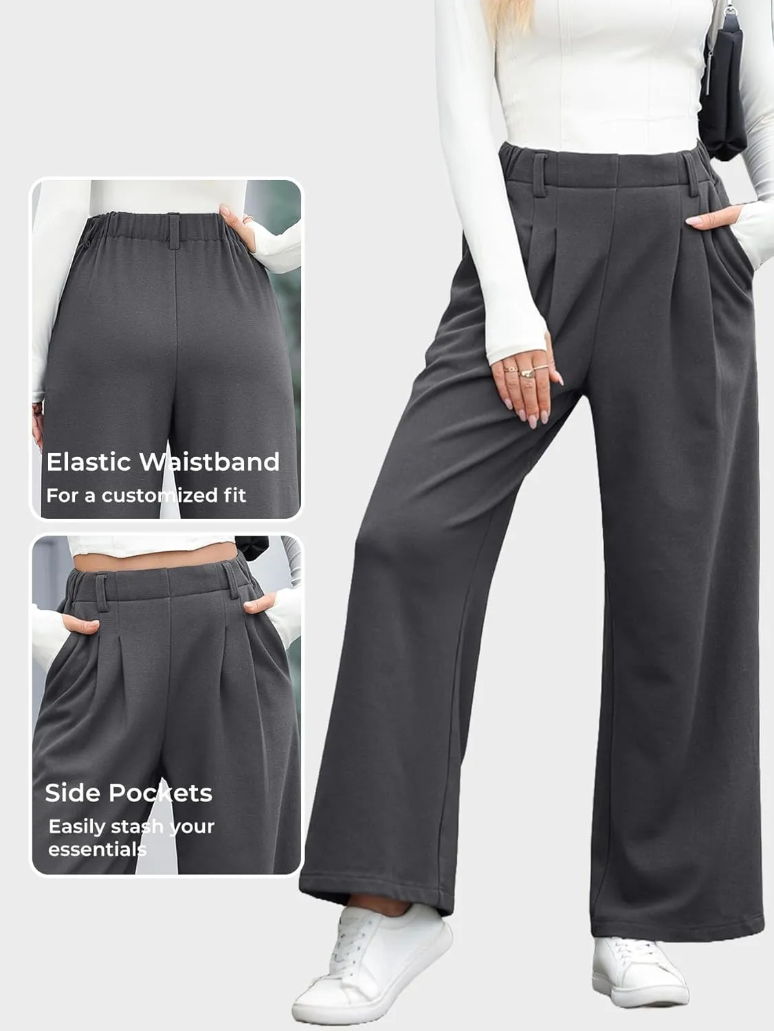 EVALESS Wide Leg Pants for Women Elastic High Waisted Waffle Knit Fleece Palazzo Pants Trousers with Pockets