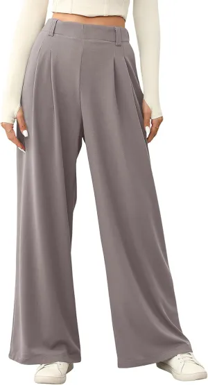 EVALESS Wide Leg Pants for Women Elastic High Waisted Waffle Knit Fleece Palazzo Pants Trousers with Pockets