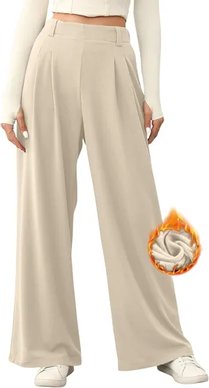 EVALESS Wide Leg Pants for Women Elastic High Waisted Waffle Knit Fleece Palazzo Pants Trousers with Pockets