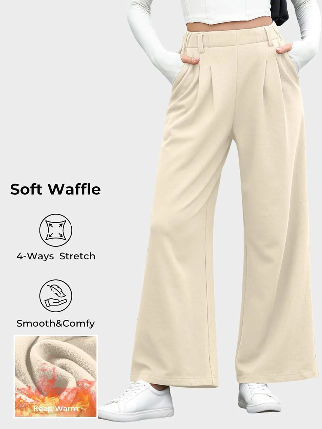 EVALESS Wide Leg Pants for Women Elastic High Waisted Waffle Knit Fleece Palazzo Pants Trousers with Pockets