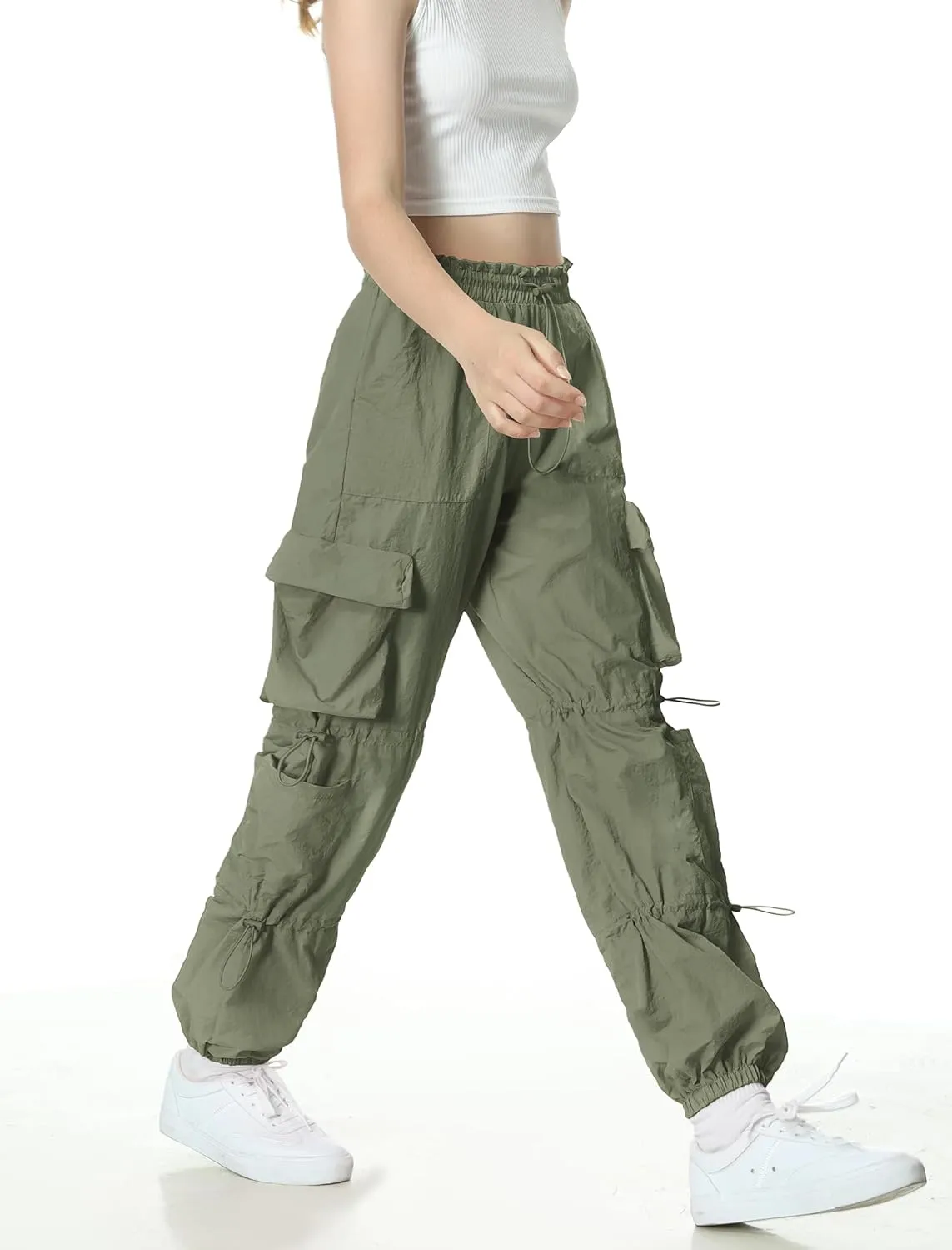 EXARUS Girls Parachute Pants Cargo Baggy Hip Hop Drawstring with Pockets Elastic Y2K for Kids 8-14Y