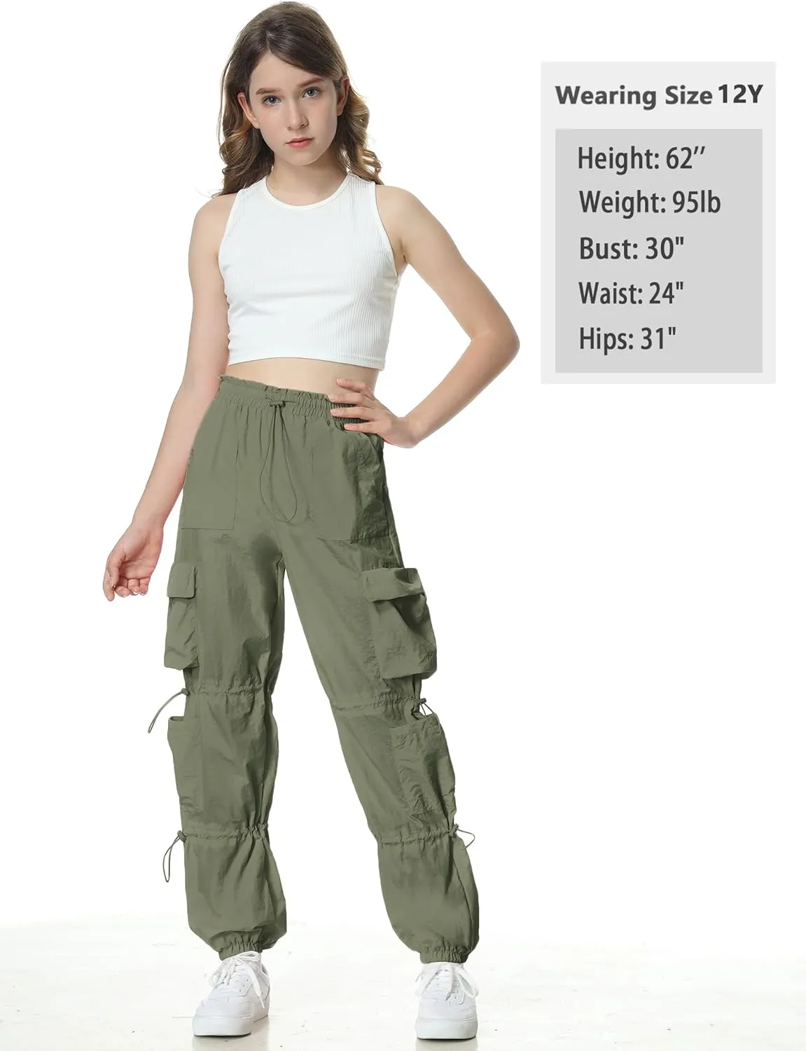 EXARUS Girls Parachute Pants Cargo Baggy Hip Hop Drawstring with Pockets Elastic Y2K for Kids 8-14Y