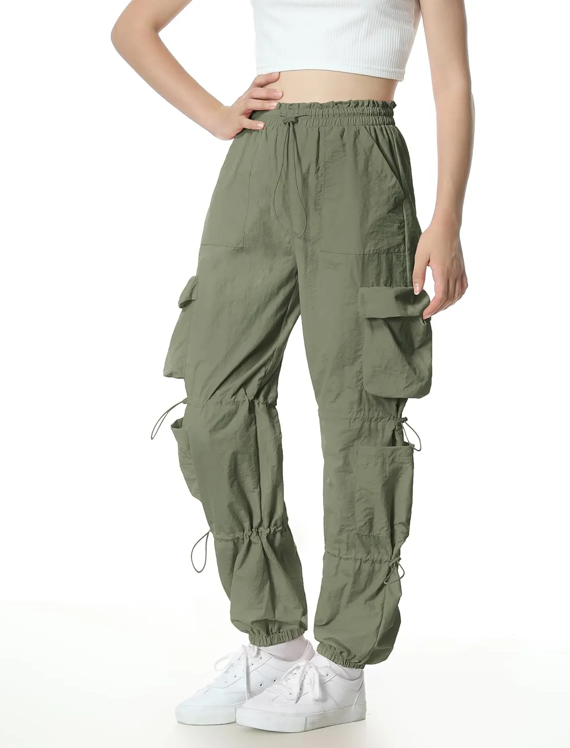 EXARUS Girls Parachute Pants Cargo Baggy Hip Hop Drawstring with Pockets Elastic Y2K for Kids 8-14Y