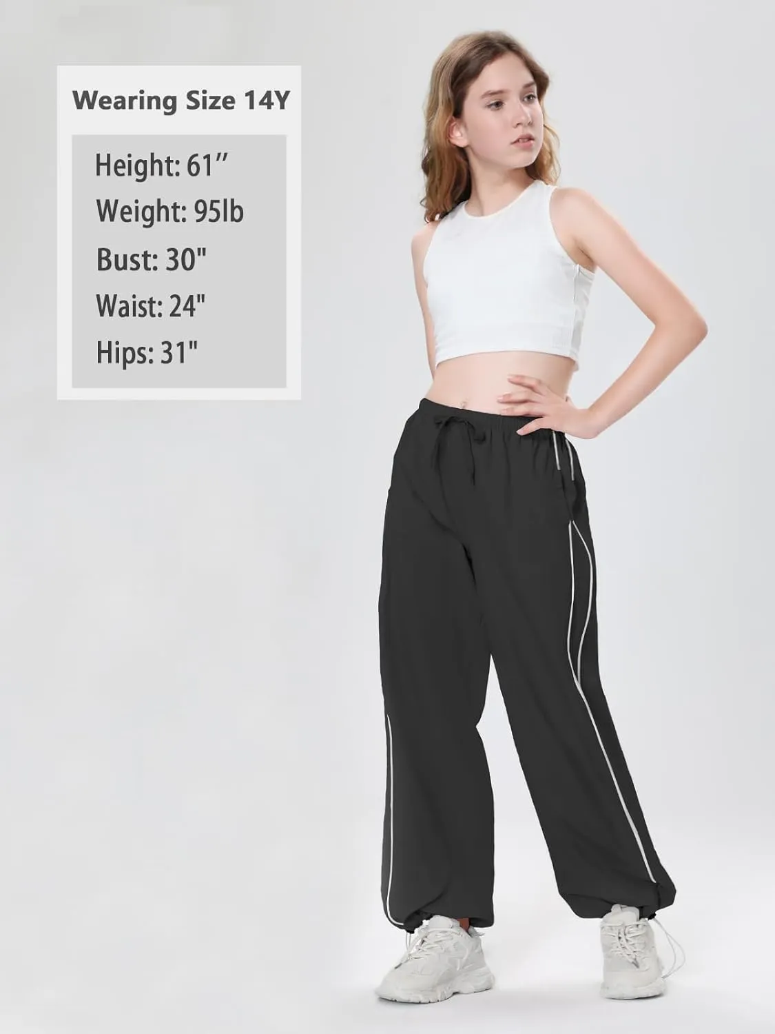 EXARUS Girls Parachute Pants Cargo Baggy Hip Hop Drawstring with Pockets Elastic Y2K for Kids 8-14Y