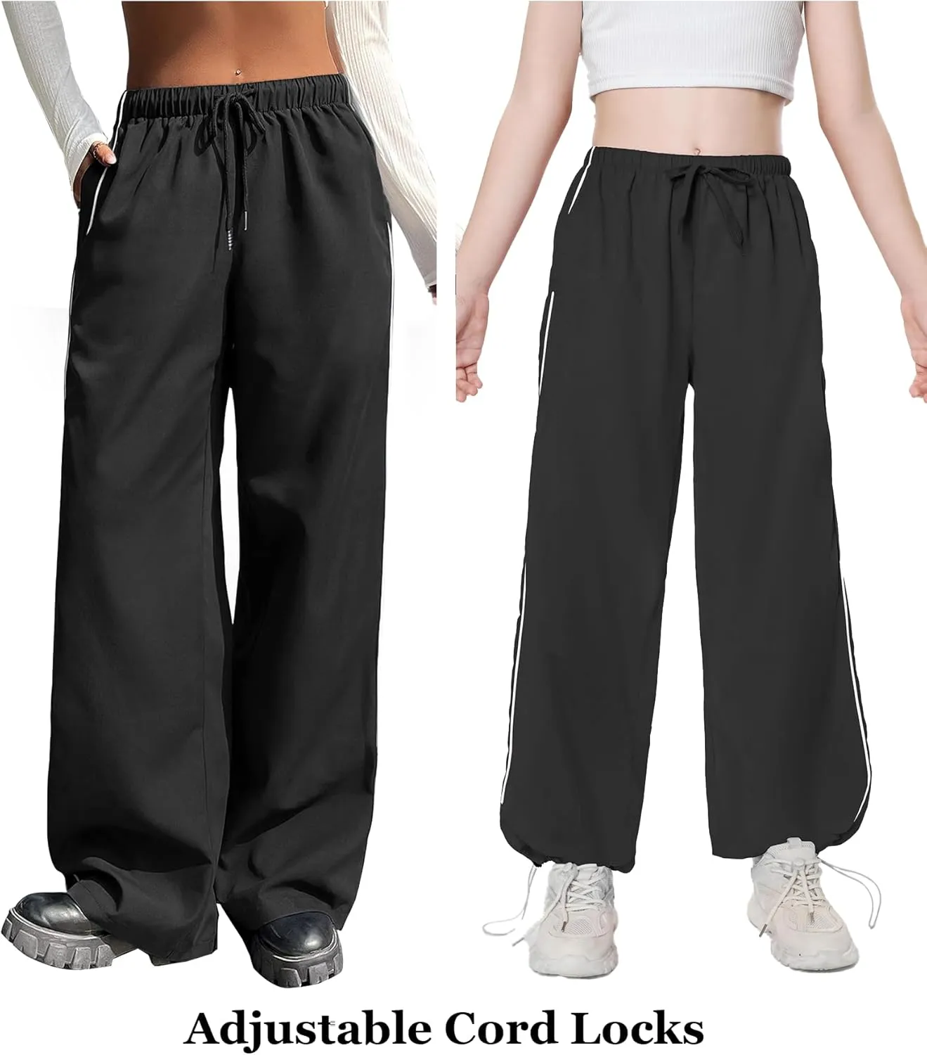 EXARUS Girls Parachute Pants Cargo Baggy Hip Hop Drawstring with Pockets Elastic Y2K for Kids 8-14Y