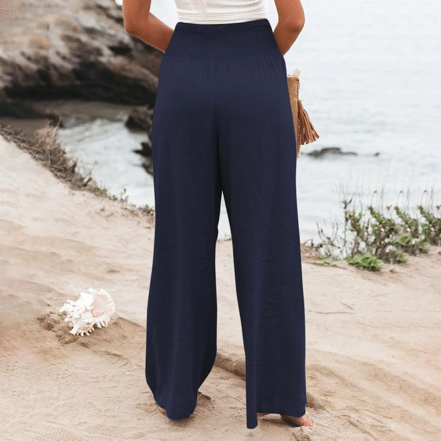 Fall Linen Pants for Women Summer Wide Leg High Waisted Pants Casual Elastic Waist Palazzo Pants with Pockets