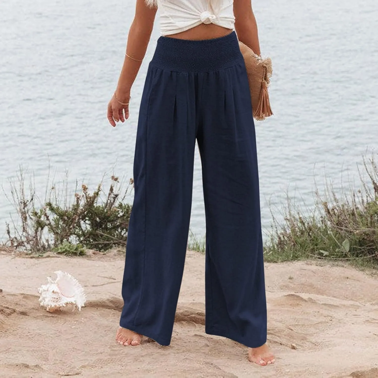 Fall Linen Pants for Women Summer Wide Leg High Waisted Pants Casual Elastic Waist Palazzo Pants with Pockets