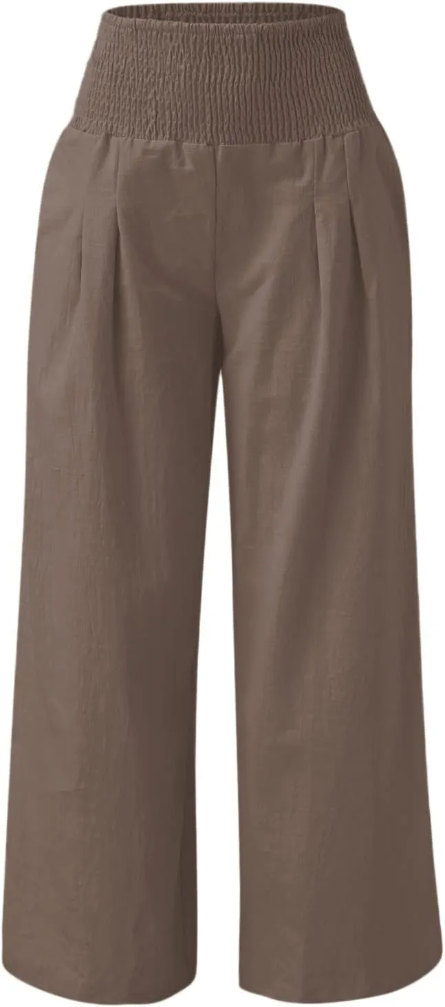 Fall Linen Pants for Women Summer Wide Leg High Waisted Pants Casual Elastic Waist Palazzo Pants with Pockets