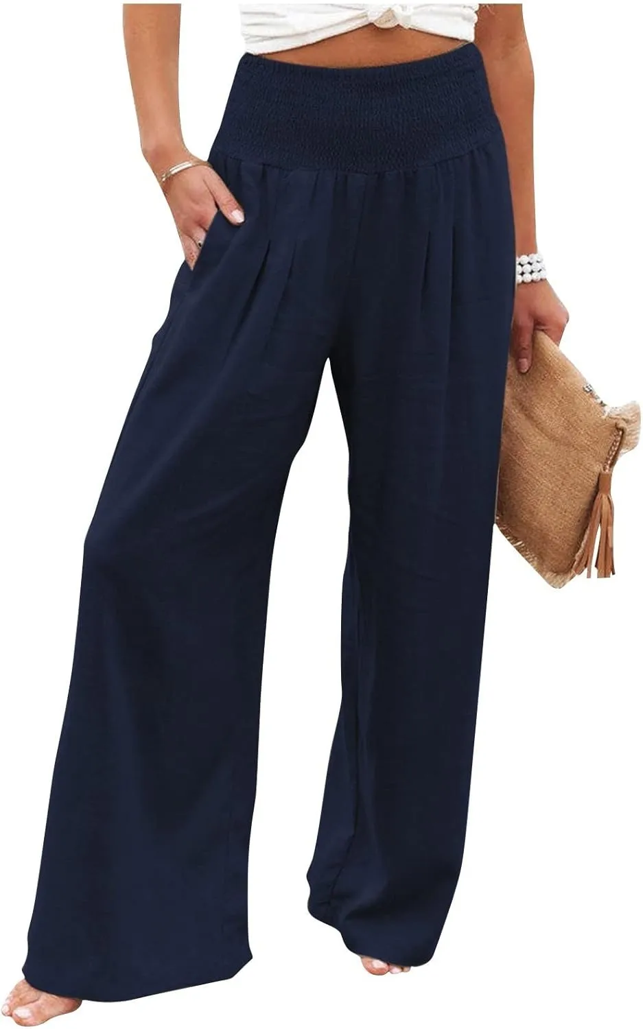 Fall Linen Pants for Women Summer Wide Leg High Waisted Pants Casual Elastic Waist Palazzo Pants with Pockets