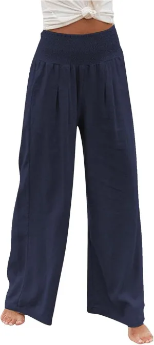 Fall Linen Pants for Women Summer Wide Leg High Waisted Pants Casual Elastic Waist Palazzo Pants with Pockets