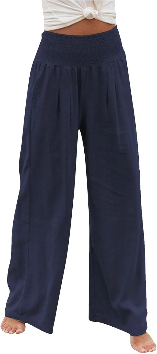 Fall Linen Pants for Women Summer Wide Leg High Waisted Pants Casual Elastic Waist Palazzo Pants with Pockets