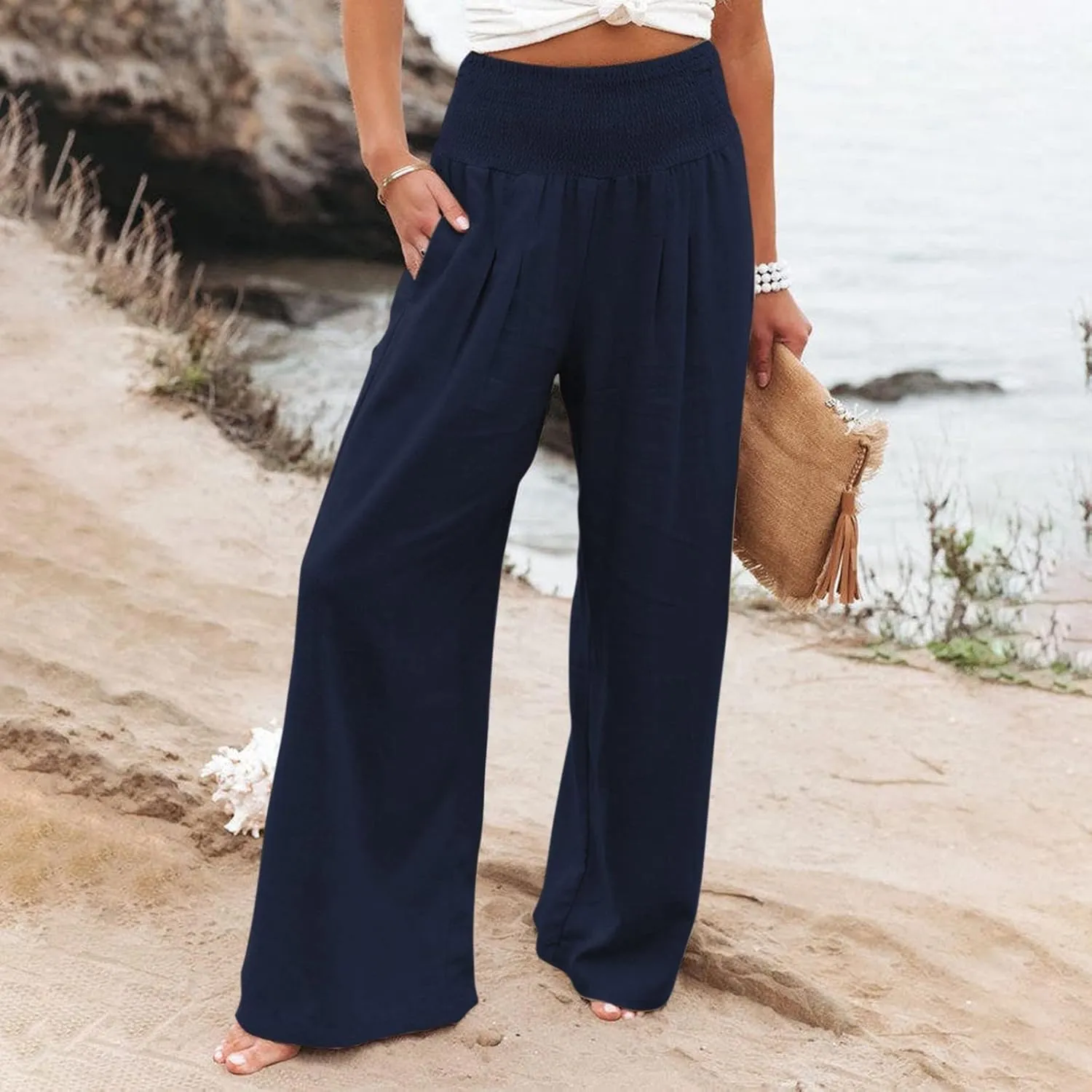 Fall Linen Pants for Women Summer Wide Leg High Waisted Pants Casual Elastic Waist Palazzo Pants with Pockets