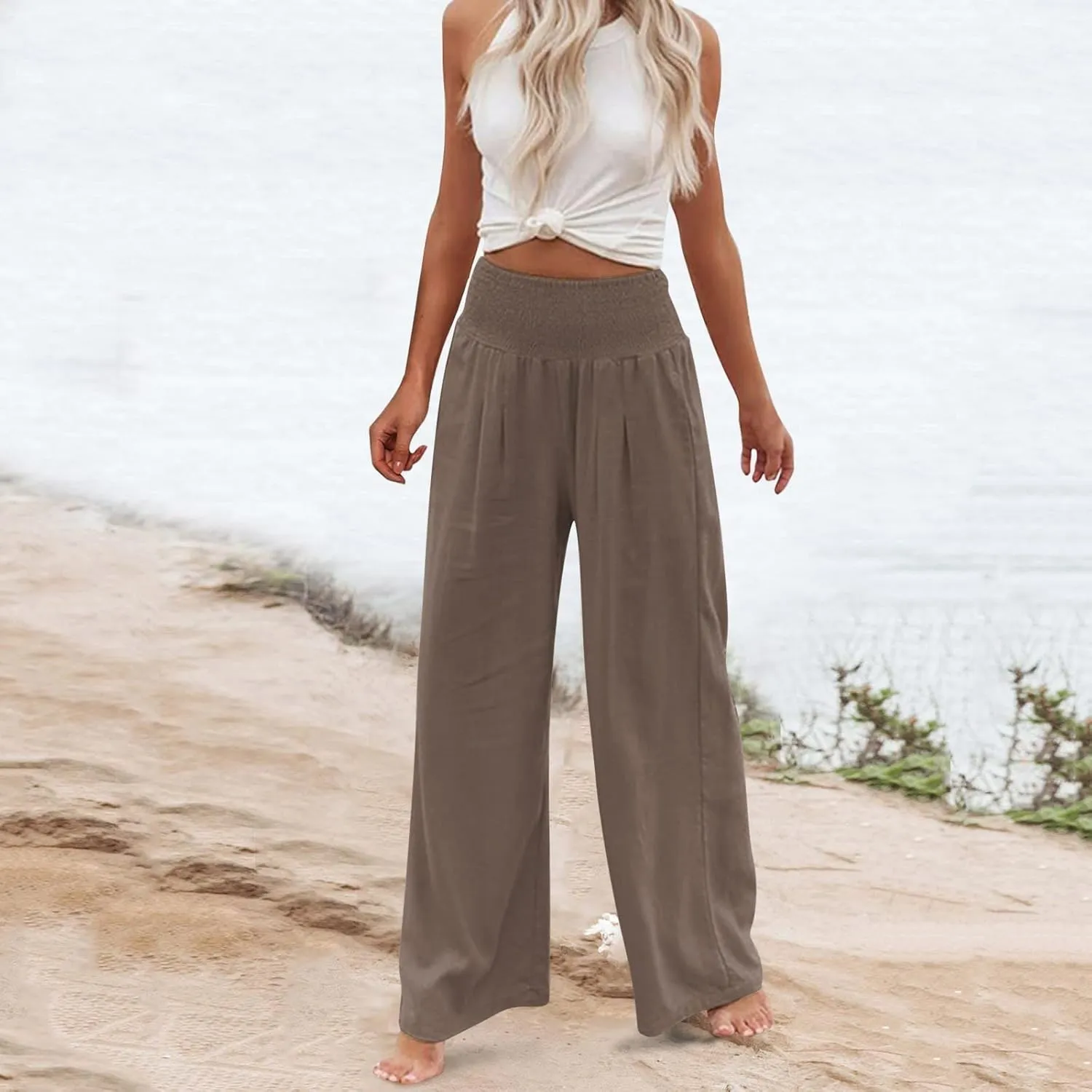Fall Linen Pants for Women Summer Wide Leg High Waisted Pants Casual Elastic Waist Palazzo Pants with Pockets