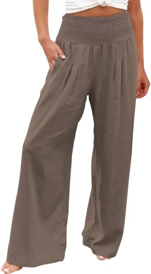 Fall Linen Pants for Women Summer Wide Leg High Waisted Pants Casual Elastic Waist Palazzo Pants with Pockets