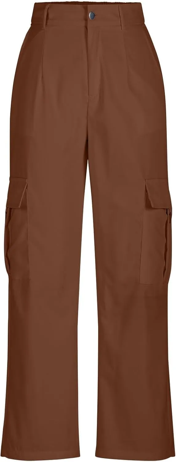 fartey Women's Cargo Pants Stretchy Button High Waist Casual Pants Wide Leg Loose Baggy Y2K Trousers Teen Girls Streetwear