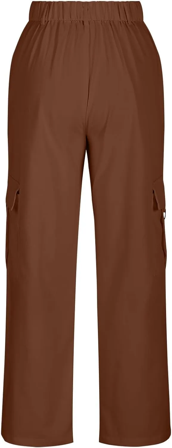 fartey Women's Cargo Pants Stretchy Button High Waist Casual Pants Wide Leg Loose Baggy Y2K Trousers Teen Girls Streetwear