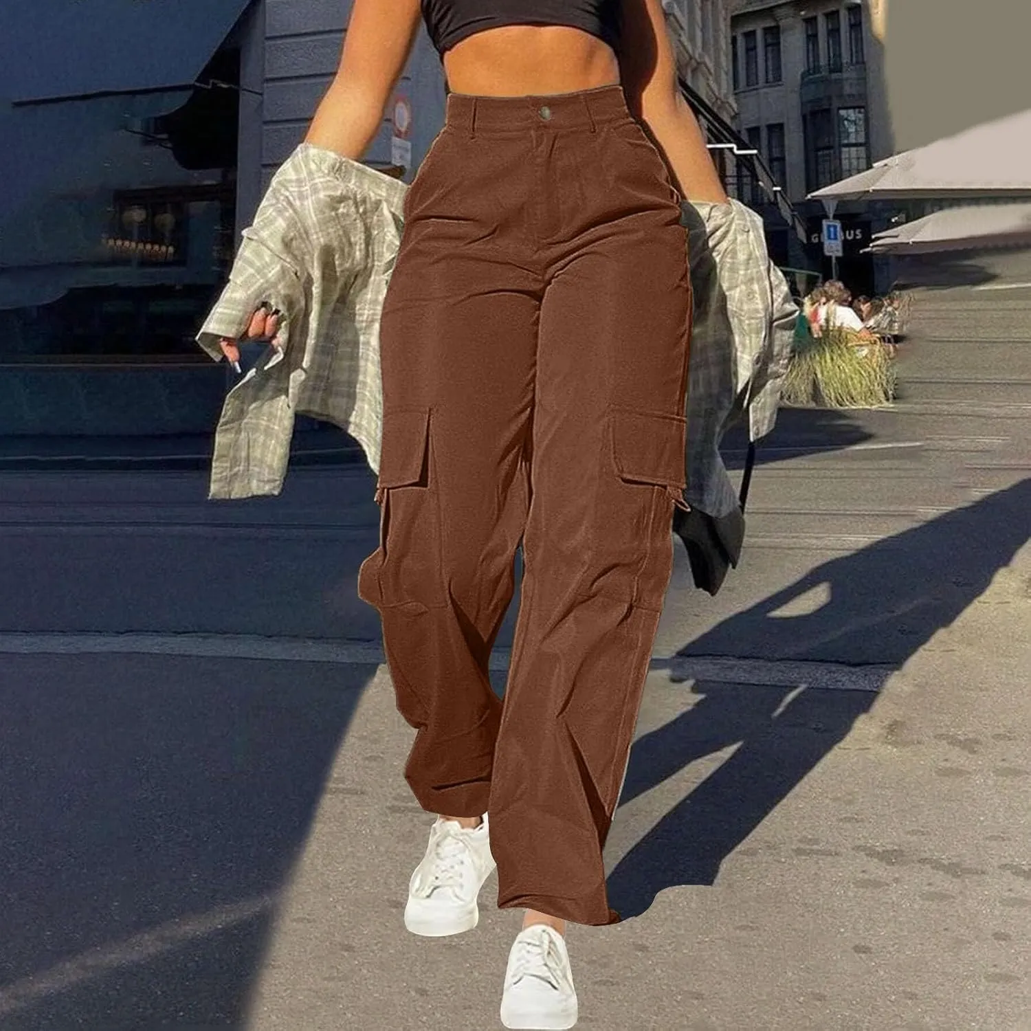 fartey Women's Cargo Pants Stretchy Button High Waist Casual Pants Wide Leg Loose Baggy Y2K Trousers Teen Girls Streetwear