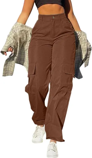 fartey Women's Cargo Pants Stretchy Button High Waist Casual Pants Wide Leg Loose Baggy Y2K Trousers Teen Girls Streetwear