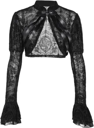 Fashion Corset Womens Gothic Lace Leather Punk Jacket Retro Bolero Vintage Shrugg Flare Sleeve Black Tops
