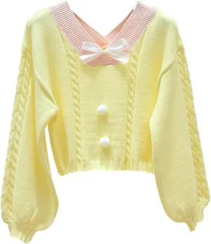 FindThy Women's Y2K Pullover Sweater Sweet Lantern Sleeve Bowtie Knit Crop Jumper Tops