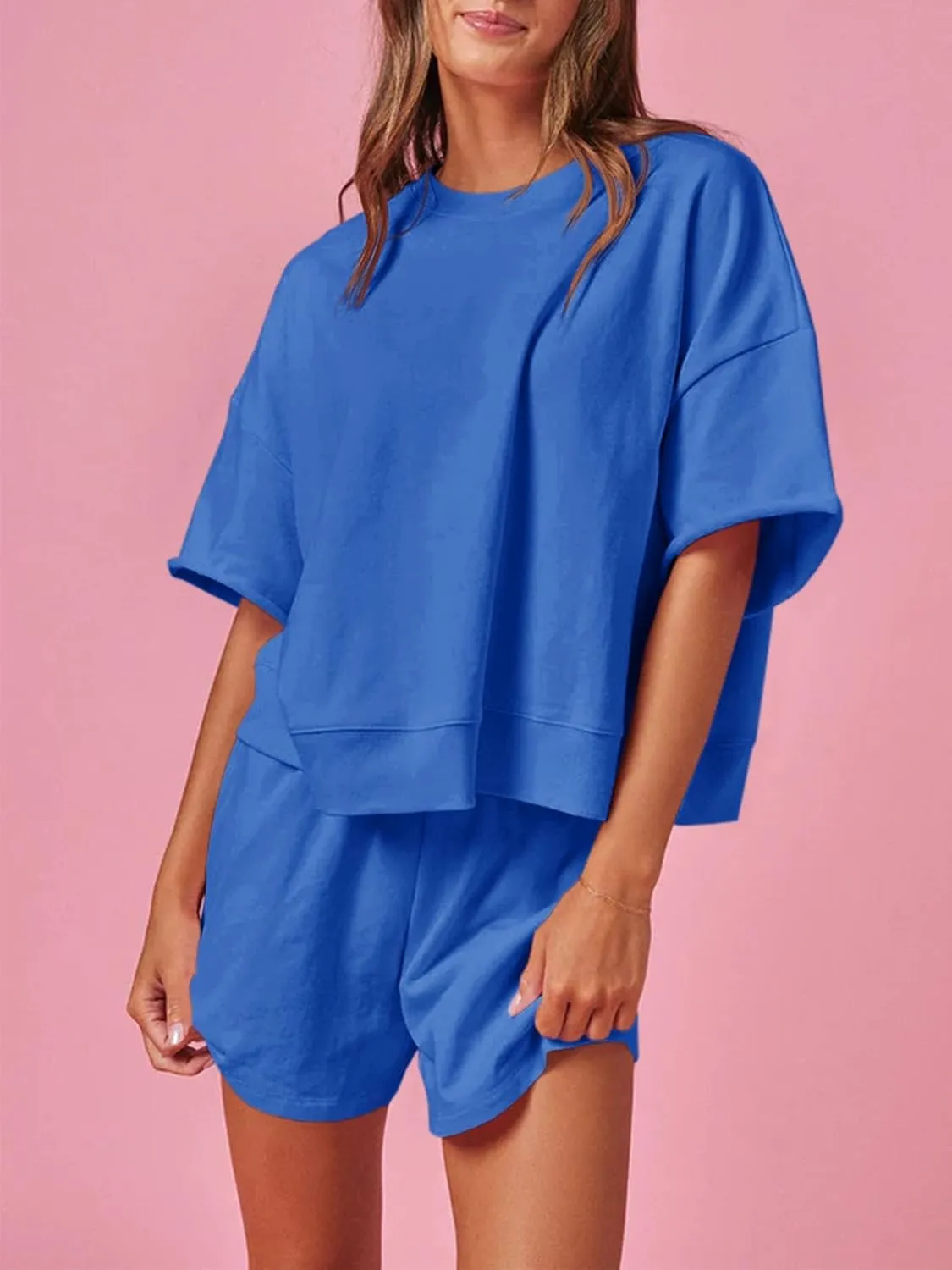 Fisoew Womens 2 Piece Outfits Casual Oversized Cropped Sweatshirt and High Waist Running Shorts Tracksuit Sets