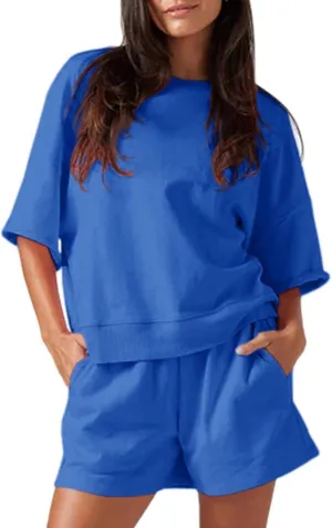 Fisoew Womens 2 Piece Outfits Casual Oversized Cropped Sweatshirt and High Waist Running Shorts Tracksuit Sets