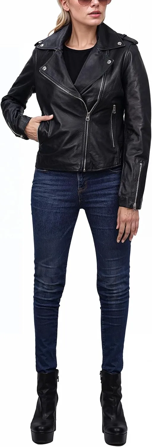 fjackets Moto Style Women's Real Leather Asymmetrical Jacket - Year-Round Statement Piece