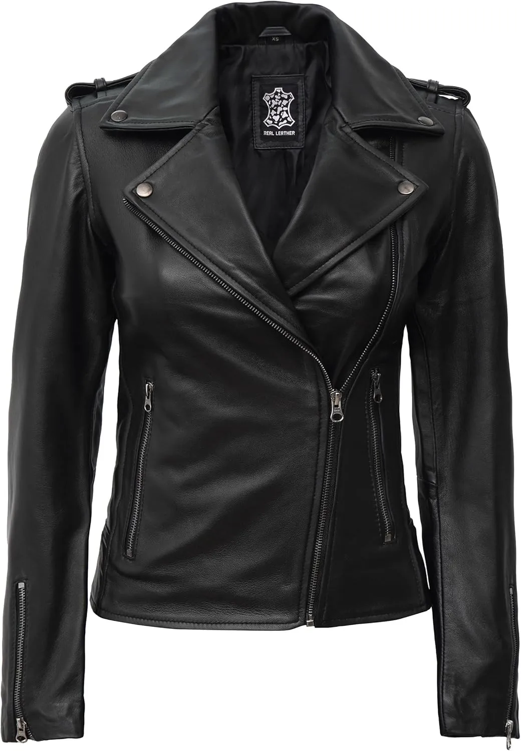 fjackets Moto Style Women's Real Leather Asymmetrical Jacket - Year-Round Statement Piece
