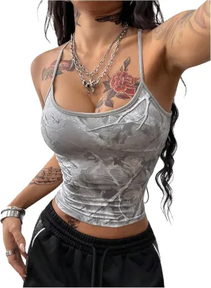 Floerns Women's Camouflage Sleeveless Camisole Scoop Neck Ruched Y2K Cami Tops