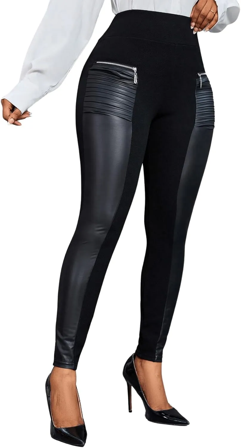 Floerns Women's Elastic High Waist Zip Detail Pu Leather Leggings Casual Skinny Pants