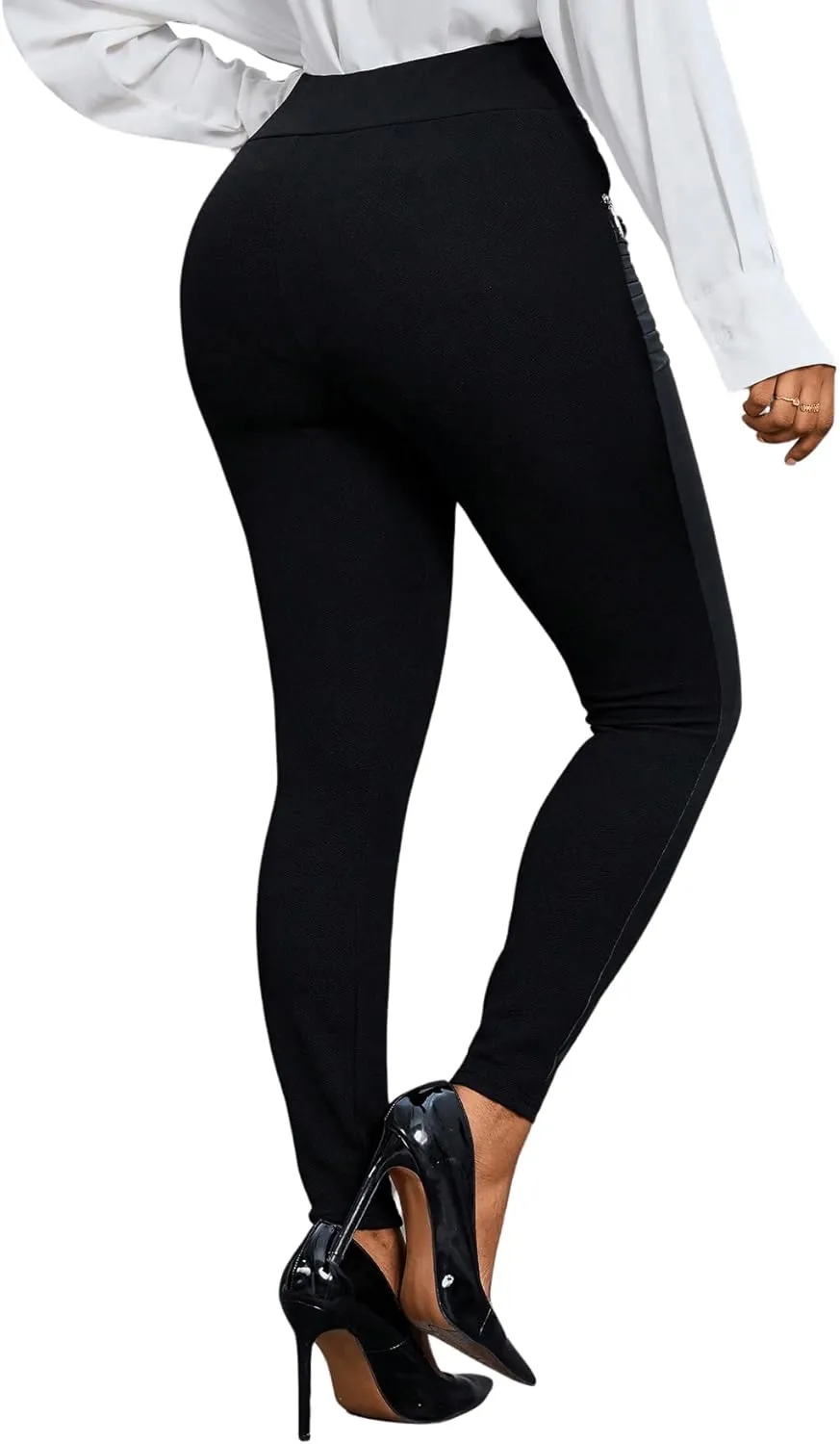 Floerns Women's Elastic High Waist Zip Detail Pu Leather Leggings Casual Skinny Pants