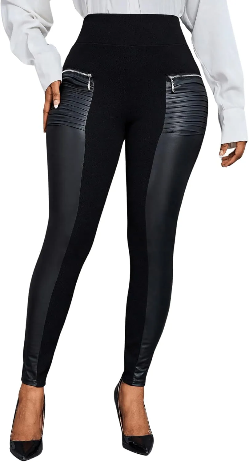 Floerns Women's Elastic High Waist Zip Detail Pu Leather Leggings Casual Skinny Pants