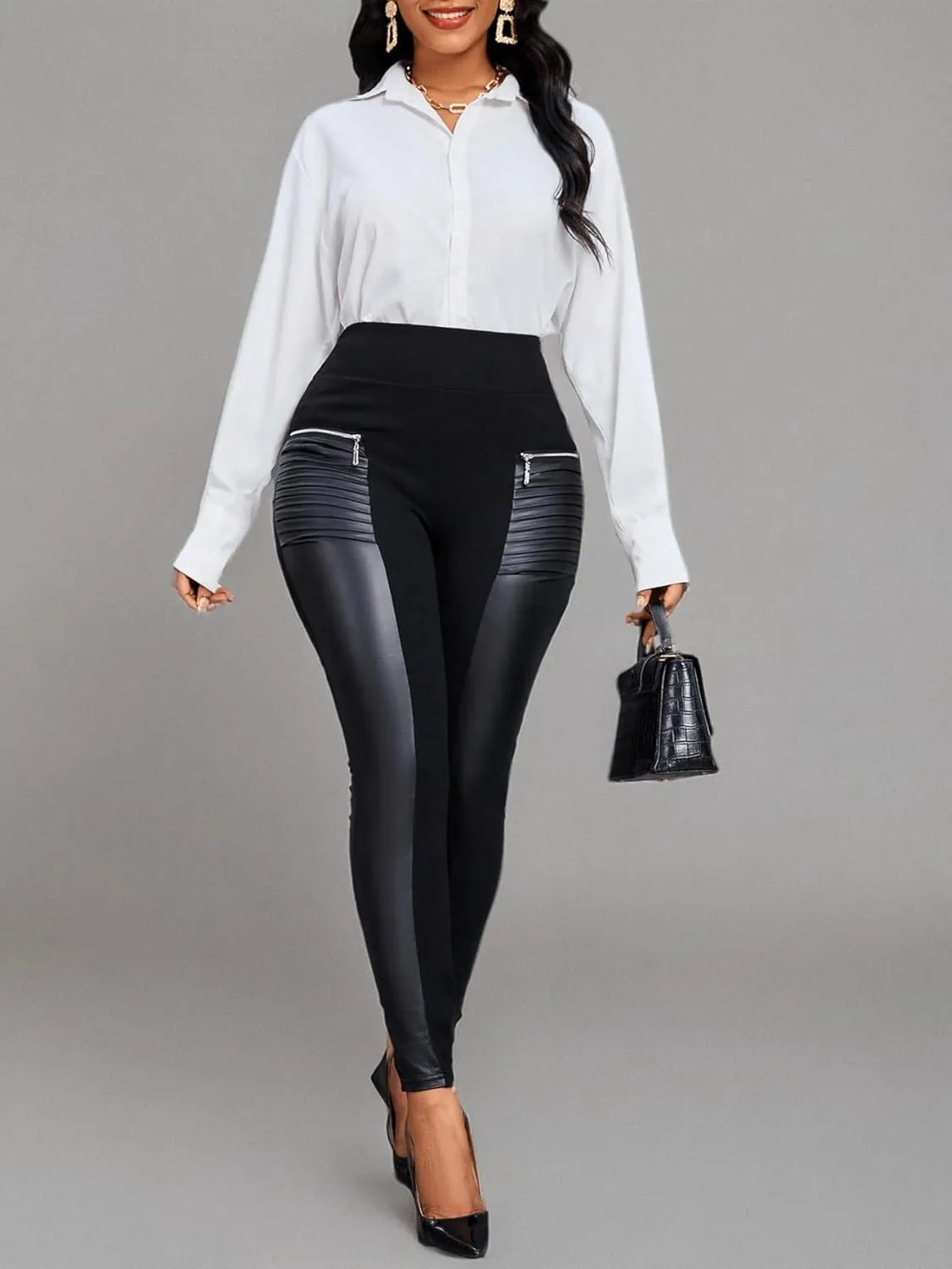 Floerns Women's Elastic High Waist Zip Detail Pu Leather Leggings Casual Skinny Pants