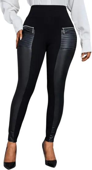 Floerns Women's Elastic High Waist Zip Detail Pu Leather Leggings Casual Skinny Pants