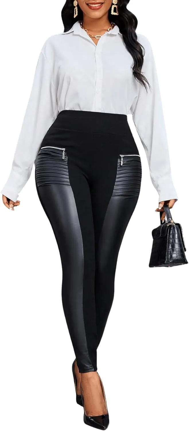 Floerns Women's Elastic High Waist Zip Detail Pu Leather Leggings Casual Skinny Pants