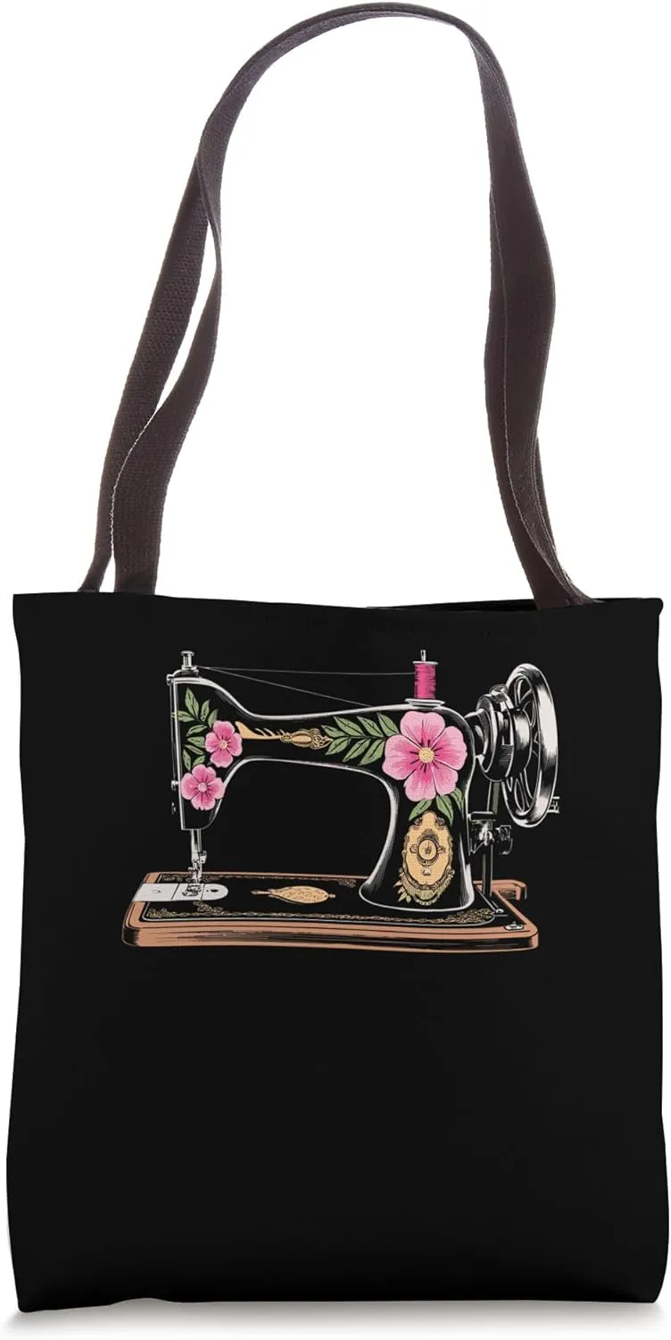 Floral Vintage Sewing Machine Sketch Art Tote Bag