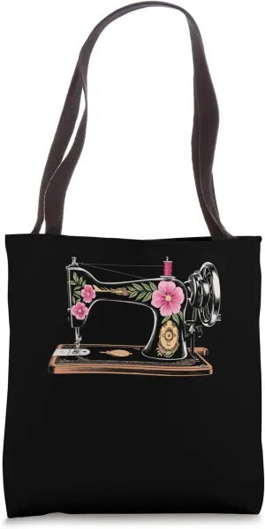 Floral Vintage Sewing Machine Sketch Art Tote Bag